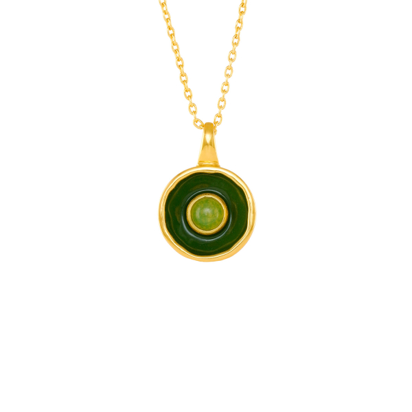 Necklace made from brass, goldplated, enamel, lightgreen quarz